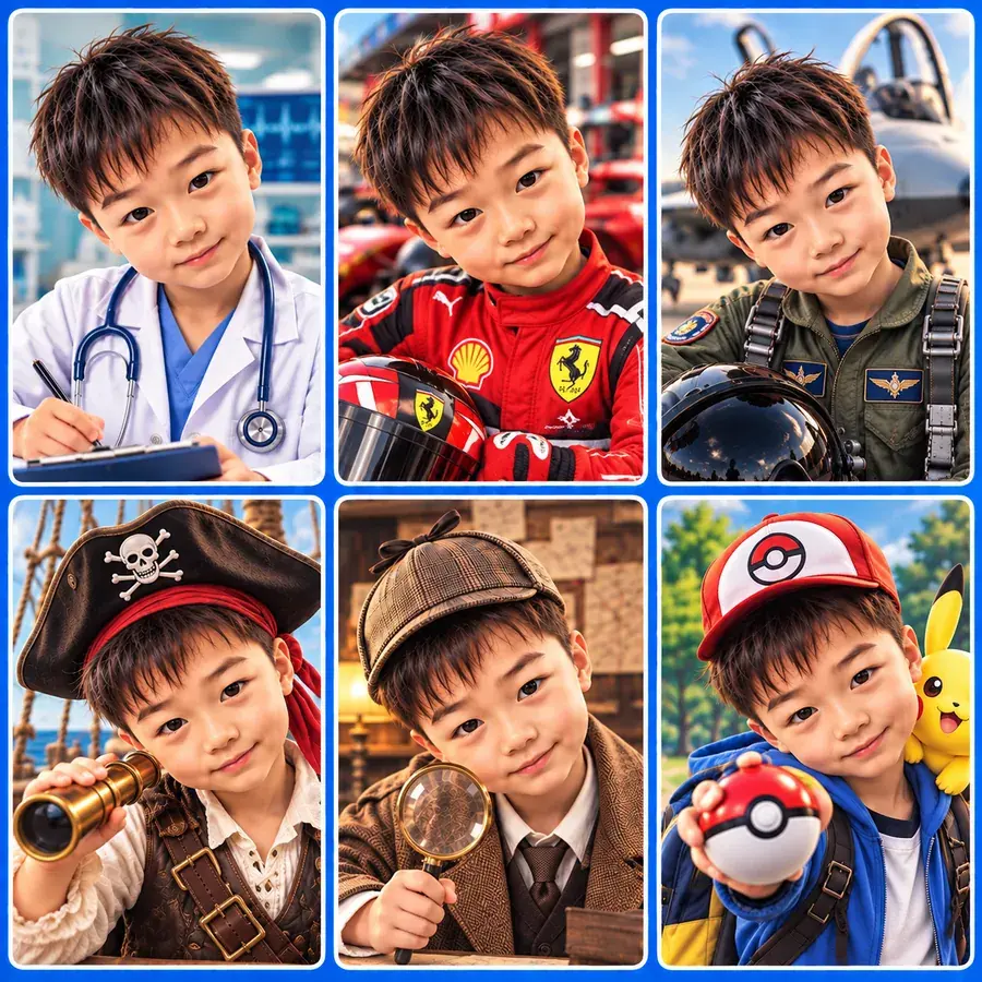 The same child drawn as six story characters: doctor, racing driver, pilot, pirate, detective and trainer